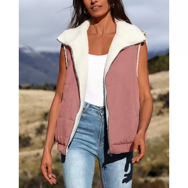 imagePRETTYGARDEN Womens Fleece Vest Jacket 2024 Fall Sleeveless Sherpa Puffer Outfits Zip Up Winter Coat OuterwearBean Paste Pink