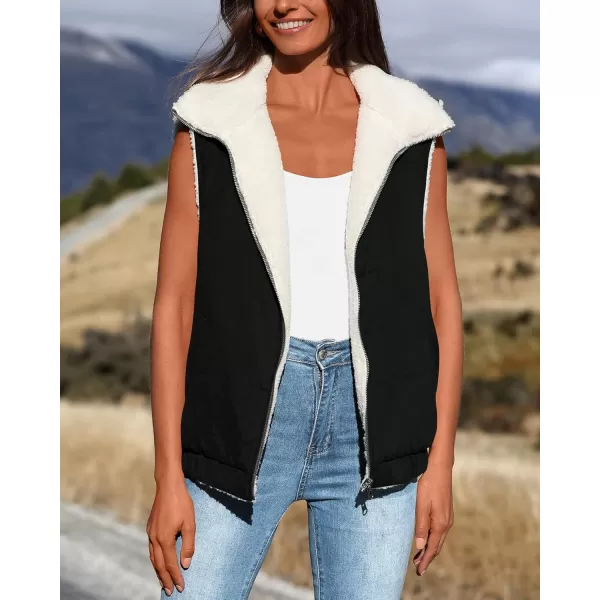 imagePRETTYGARDEN Womens Fleece Vest Jacket 2024 Fall Sleeveless Sherpa Puffer Outfits Zip Up Winter Coat OuterwearBlack