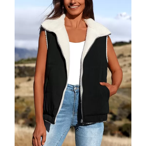 imagePRETTYGARDEN Womens Fleece Vest Jacket 2024 Fall Sleeveless Sherpa Puffer Outfits Zip Up Winter Coat OuterwearBlack