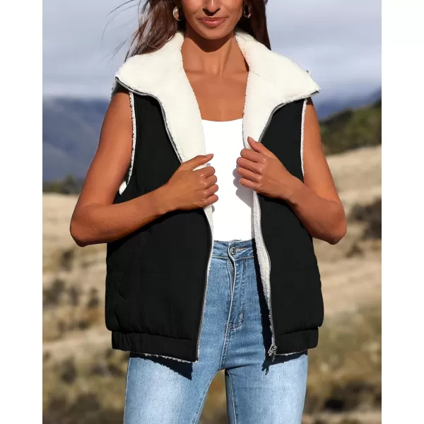 imagePRETTYGARDEN Womens Fleece Vest Jacket 2024 Fall Sleeveless Sherpa Puffer Outfits Zip Up Winter Coat OuterwearBlack