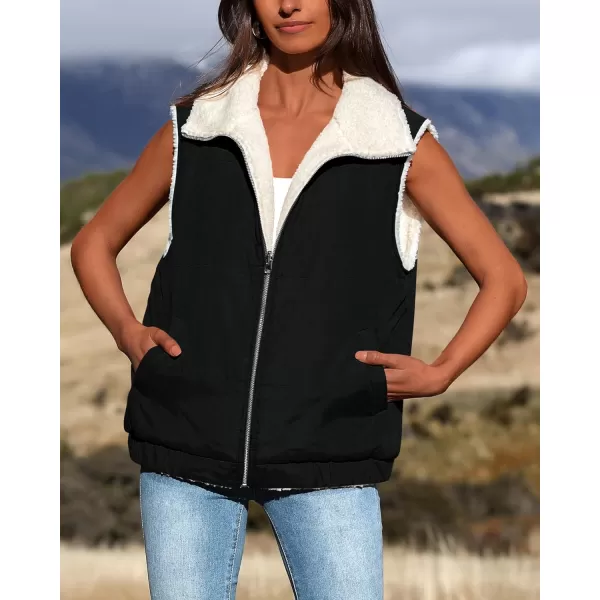imagePRETTYGARDEN Womens Fleece Vest Jacket 2024 Fall Sleeveless Sherpa Puffer Outfits Zip Up Winter Coat OuterwearBlack