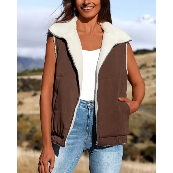 imagePRETTYGARDEN Womens Fleece Vest Jacket 2024 Fall Sleeveless Sherpa Puffer Outfits Zip Up Winter Coat OuterwearCoffee