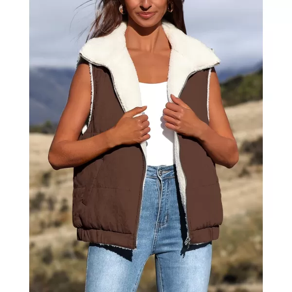 imagePRETTYGARDEN Womens Fleece Vest Jacket 2024 Fall Sleeveless Sherpa Puffer Outfits Zip Up Winter Coat OuterwearCoffee