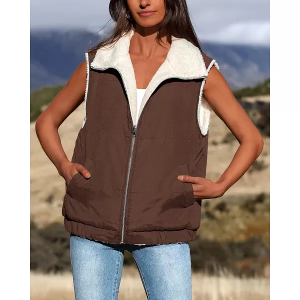 imagePRETTYGARDEN Womens Fleece Vest Jacket 2024 Fall Sleeveless Sherpa Puffer Outfits Zip Up Winter Coat OuterwearCoffee