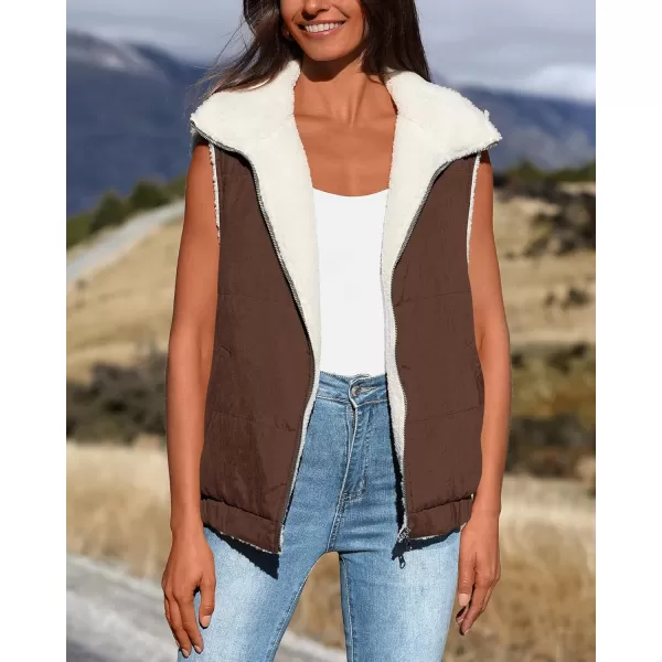 imagePRETTYGARDEN Womens Fleece Vest Jacket 2024 Fall Sleeveless Sherpa Puffer Outfits Zip Up Winter Coat OuterwearCoffee