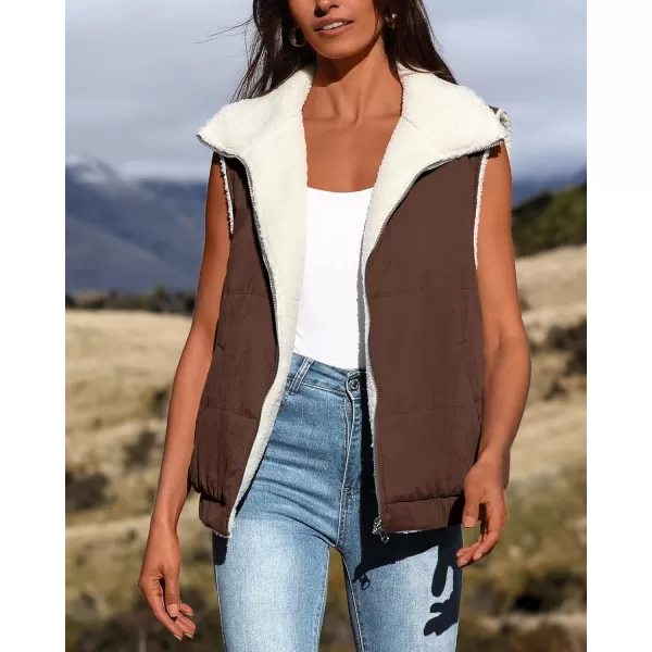 imagePRETTYGARDEN Womens Fleece Vest Jacket 2024 Fall Sleeveless Sherpa Puffer Outfits Zip Up Winter Coat OuterwearCoffee