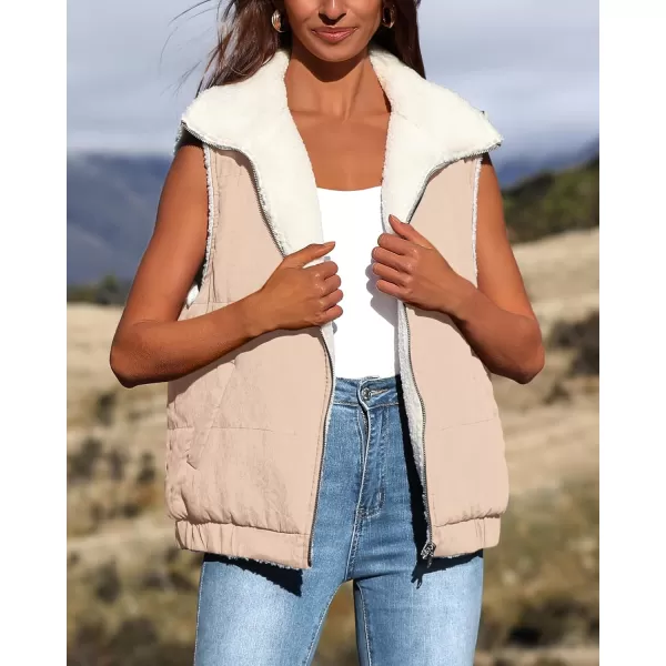 imagePRETTYGARDEN Womens Fleece Vest Jacket 2024 Fall Sleeveless Sherpa Puffer Outfits Zip Up Winter Coat OuterwearLight Khaki