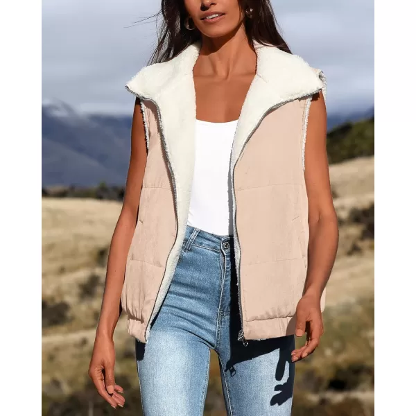 imagePRETTYGARDEN Womens Fleece Vest Jacket 2024 Fall Sleeveless Sherpa Puffer Outfits Zip Up Winter Coat OuterwearLight Khaki