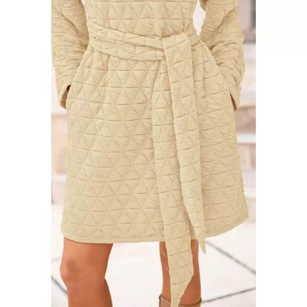 imagePRETTYGARDEN Womens Long Sleeve Dresses 2024 Fall Casual Short Belted Dress Trendy Quilted Outfits with PocketsBeige