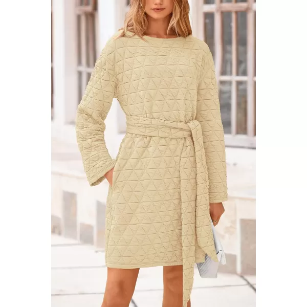 imagePRETTYGARDEN Womens Long Sleeve Dresses 2024 Fall Casual Short Belted Dress Trendy Quilted Outfits with PocketsBeige