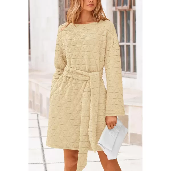 imagePRETTYGARDEN Womens Long Sleeve Dresses 2024 Fall Casual Short Belted Dress Trendy Quilted Outfits with PocketsBeige
