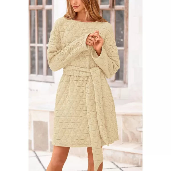 imagePRETTYGARDEN Womens Long Sleeve Dresses 2024 Fall Casual Short Belted Dress Trendy Quilted Outfits with PocketsBeige