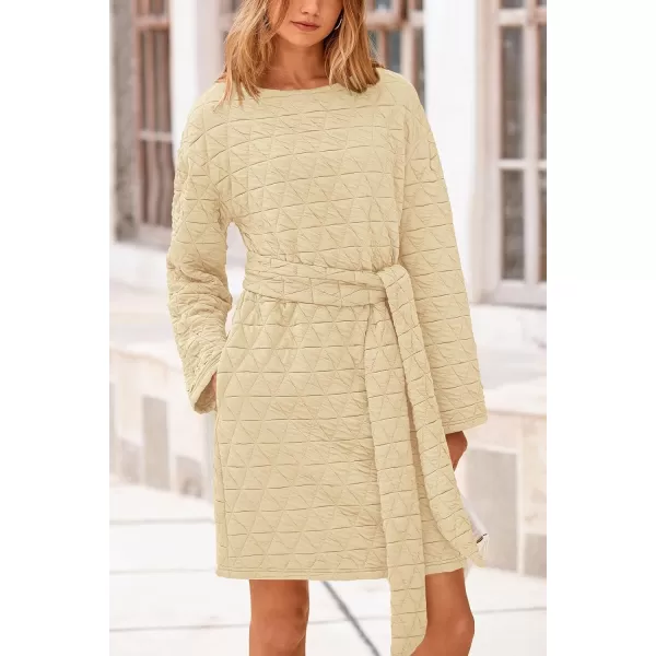 imagePRETTYGARDEN Womens Long Sleeve Dresses 2024 Fall Casual Short Belted Dress Trendy Quilted Outfits with PocketsBeige