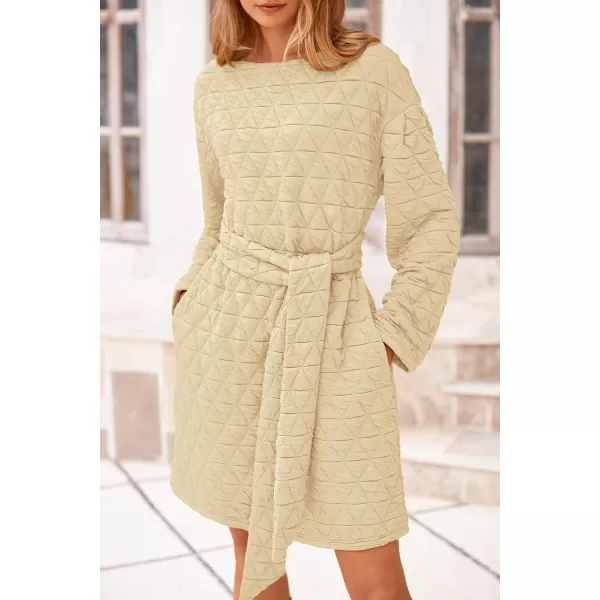 imagePRETTYGARDEN Womens Long Sleeve Dresses 2024 Fall Casual Short Belted Dress Trendy Quilted Outfits with PocketsBeige