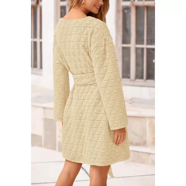 imagePRETTYGARDEN Womens Long Sleeve Dresses 2024 Fall Casual Short Belted Dress Trendy Quilted Outfits with PocketsBeige