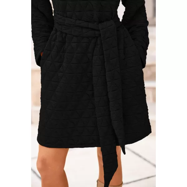 imagePRETTYGARDEN Womens Long Sleeve Dresses 2024 Fall Casual Short Belted Dress Trendy Quilted Outfits with PocketsBlack