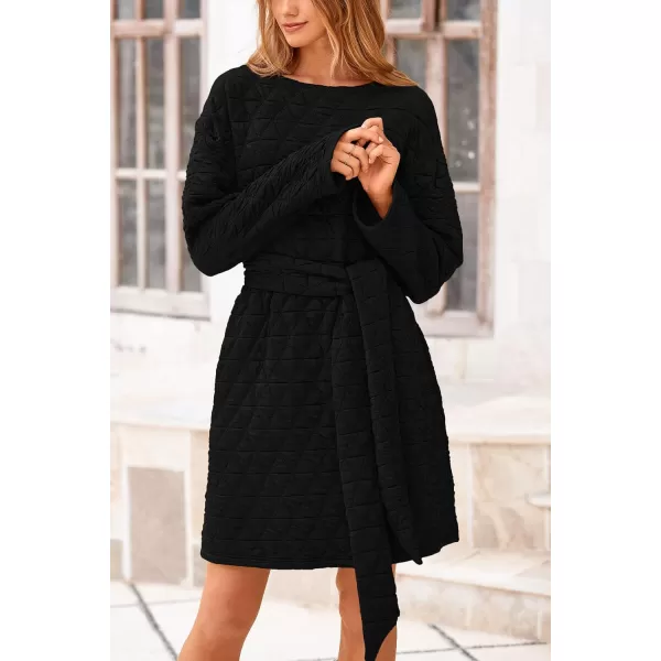 imagePRETTYGARDEN Womens Long Sleeve Dresses 2024 Fall Casual Short Belted Dress Trendy Quilted Outfits with PocketsBlack