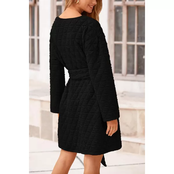 imagePRETTYGARDEN Womens Long Sleeve Dresses 2024 Fall Casual Short Belted Dress Trendy Quilted Outfits with PocketsBlack