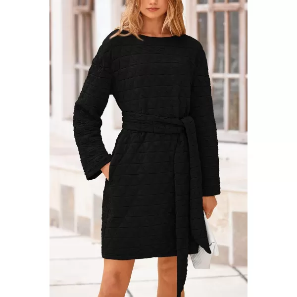 imagePRETTYGARDEN Womens Long Sleeve Dresses 2024 Fall Casual Short Belted Dress Trendy Quilted Outfits with PocketsBlack