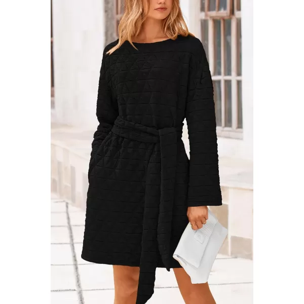 imagePRETTYGARDEN Womens Long Sleeve Dresses 2024 Fall Casual Short Belted Dress Trendy Quilted Outfits with PocketsBlack
