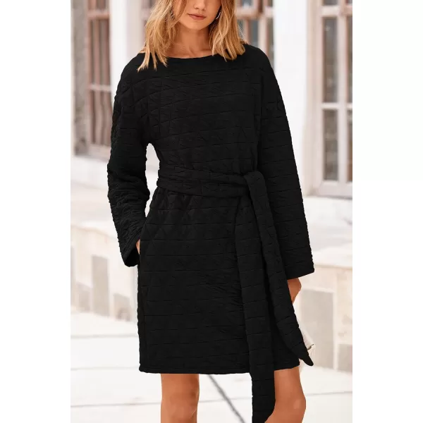 imagePRETTYGARDEN Womens Long Sleeve Dresses 2024 Fall Casual Short Belted Dress Trendy Quilted Outfits with PocketsBlack