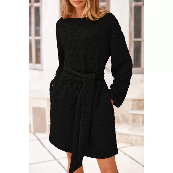 imagePRETTYGARDEN Womens Long Sleeve Dresses 2024 Fall Casual Short Belted Dress Trendy Quilted Outfits with PocketsBlack