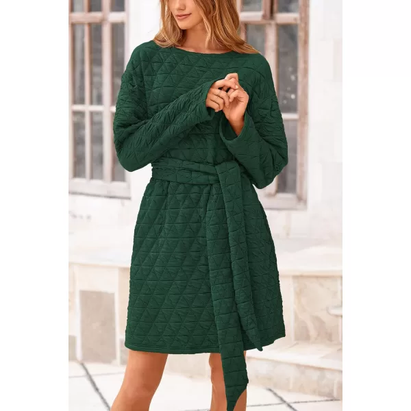 imagePRETTYGARDEN Womens Long Sleeve Dresses 2024 Fall Casual Short Belted Dress Trendy Quilted Outfits with PocketsDark Green