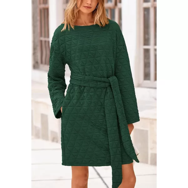 imagePRETTYGARDEN Womens Long Sleeve Dresses 2024 Fall Casual Short Belted Dress Trendy Quilted Outfits with PocketsDark Green