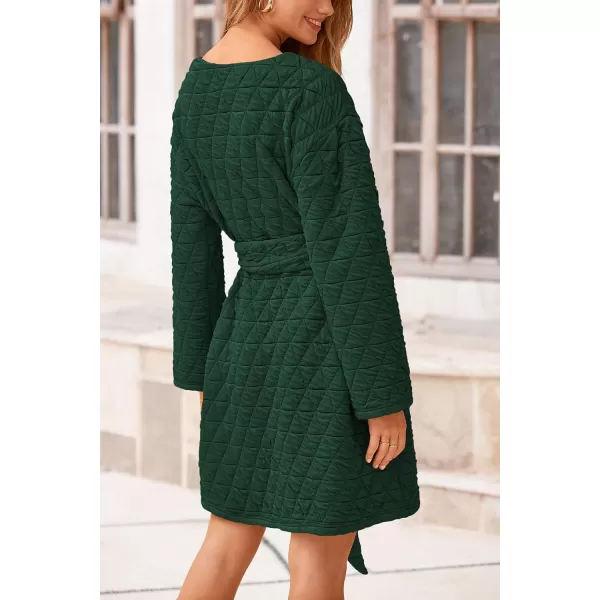 imagePRETTYGARDEN Womens Long Sleeve Dresses 2024 Fall Casual Short Belted Dress Trendy Quilted Outfits with PocketsDark Green