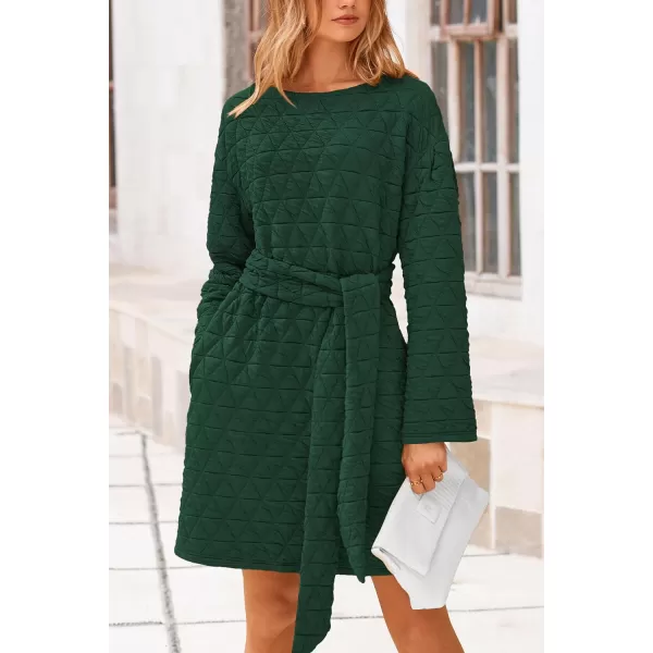 imagePRETTYGARDEN Womens Long Sleeve Dresses 2024 Fall Casual Short Belted Dress Trendy Quilted Outfits with PocketsDark Green