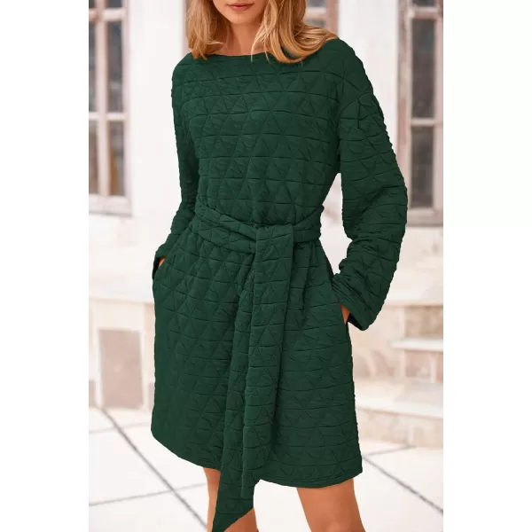 imagePRETTYGARDEN Womens Long Sleeve Dresses 2024 Fall Casual Short Belted Dress Trendy Quilted Outfits with PocketsDark Green