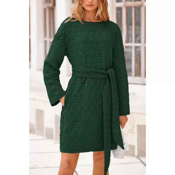 imagePRETTYGARDEN Womens Long Sleeve Dresses 2024 Fall Casual Short Belted Dress Trendy Quilted Outfits with PocketsDark Green