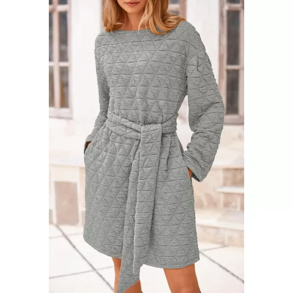 imagePRETTYGARDEN Womens Long Sleeve Dresses 2024 Fall Casual Short Belted Dress Trendy Quilted Outfits with PocketsLight Grey