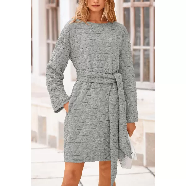 imagePRETTYGARDEN Womens Long Sleeve Dresses 2024 Fall Casual Short Belted Dress Trendy Quilted Outfits with PocketsLight Grey