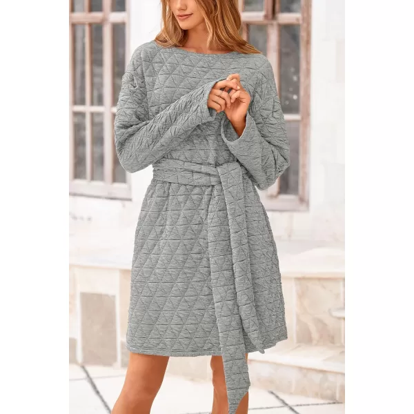 imagePRETTYGARDEN Womens Long Sleeve Dresses 2024 Fall Casual Short Belted Dress Trendy Quilted Outfits with PocketsLight Grey