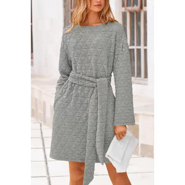 imagePRETTYGARDEN Womens Long Sleeve Dresses 2024 Fall Casual Short Belted Dress Trendy Quilted Outfits with PocketsLight Grey