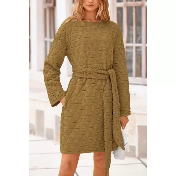 imagePRETTYGARDEN Womens Long Sleeve Dresses 2024 Fall Casual Short Belted Dress Trendy Quilted Outfits with PocketsOlive Green