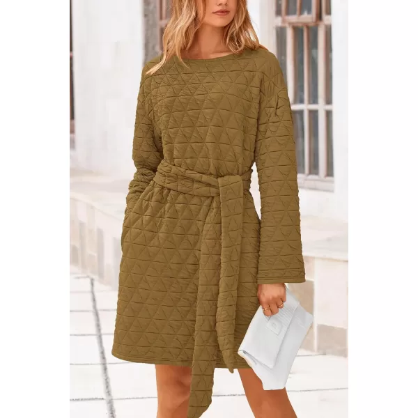 imagePRETTYGARDEN Womens Long Sleeve Dresses 2024 Fall Casual Short Belted Dress Trendy Quilted Outfits with PocketsOlive Green