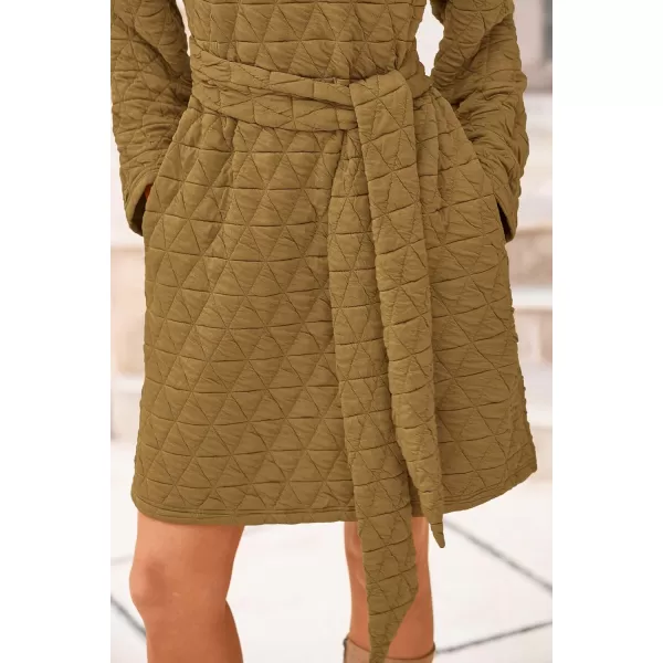 imagePRETTYGARDEN Womens Long Sleeve Dresses 2024 Fall Casual Short Belted Dress Trendy Quilted Outfits with PocketsOlive Green