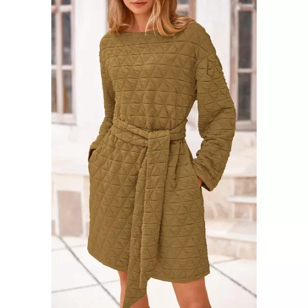 imagePRETTYGARDEN Womens Long Sleeve Dresses 2024 Fall Casual Short Belted Dress Trendy Quilted Outfits with PocketsOlive Green