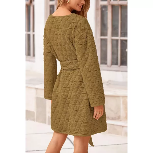 imagePRETTYGARDEN Womens Long Sleeve Dresses 2024 Fall Casual Short Belted Dress Trendy Quilted Outfits with PocketsOlive Green