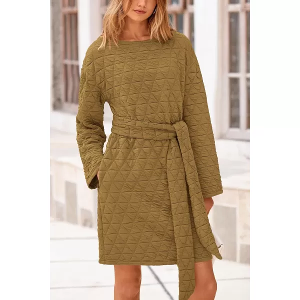 imagePRETTYGARDEN Womens Long Sleeve Dresses 2024 Fall Casual Short Belted Dress Trendy Quilted Outfits with PocketsOlive Green