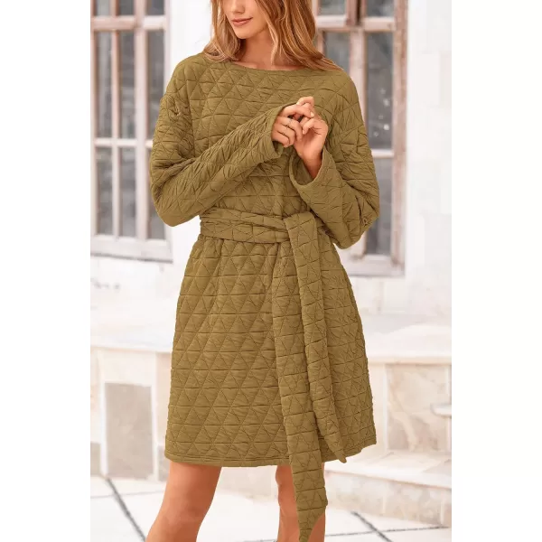 imagePRETTYGARDEN Womens Long Sleeve Dresses 2024 Fall Casual Short Belted Dress Trendy Quilted Outfits with PocketsOlive Green