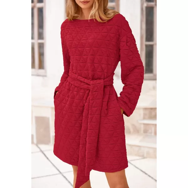 imagePRETTYGARDEN Womens Long Sleeve Dresses 2024 Fall Casual Short Belted Dress Trendy Quilted Outfits with PocketsRed