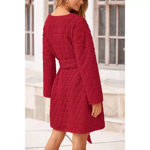 imagePRETTYGARDEN Womens Long Sleeve Dresses 2024 Fall Casual Short Belted Dress Trendy Quilted Outfits with PocketsRed