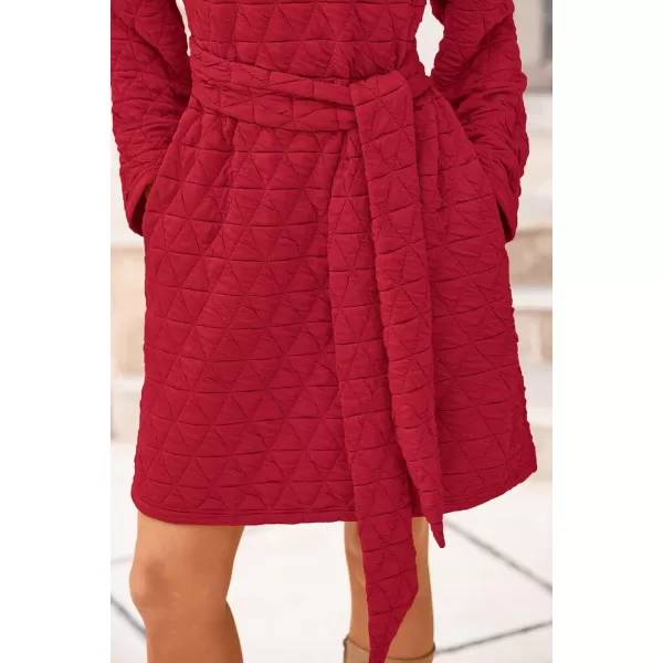 imagePRETTYGARDEN Womens Long Sleeve Dresses 2024 Fall Casual Short Belted Dress Trendy Quilted Outfits with PocketsRed