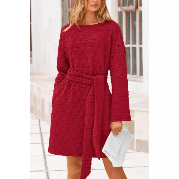 imagePRETTYGARDEN Womens Long Sleeve Dresses 2024 Fall Casual Short Belted Dress Trendy Quilted Outfits with PocketsRed