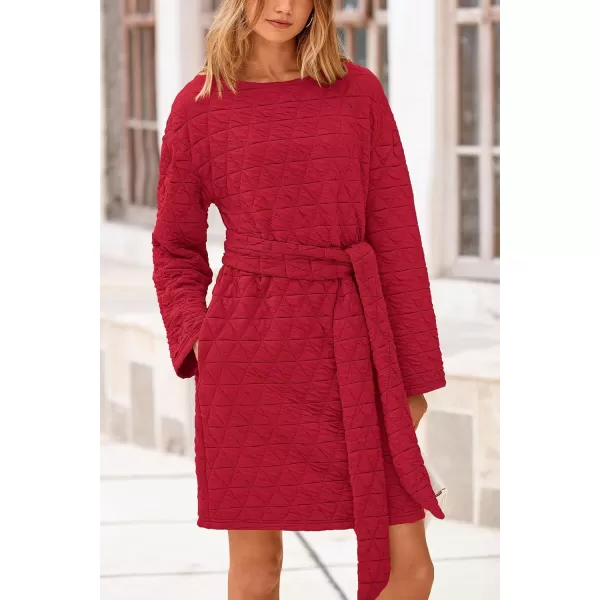 imagePRETTYGARDEN Womens Long Sleeve Dresses 2024 Fall Casual Short Belted Dress Trendy Quilted Outfits with PocketsRed