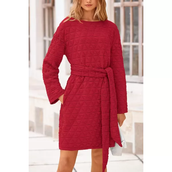 imagePRETTYGARDEN Womens Long Sleeve Dresses 2024 Fall Casual Short Belted Dress Trendy Quilted Outfits with PocketsRed