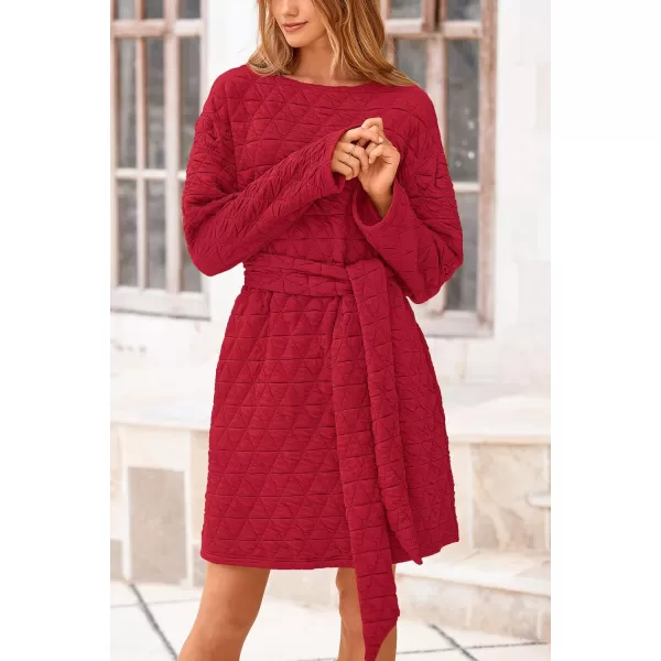 imagePRETTYGARDEN Womens Long Sleeve Dresses 2024 Fall Casual Short Belted Dress Trendy Quilted Outfits with PocketsRed